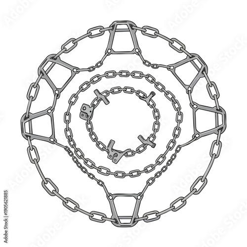 Illustration of interlocking metal chains in a circular pattern