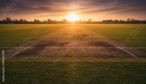 Cricket pitch at sunset with vibrant colors and serene atmosphere. well maintained grass and clear sky create peaceful setting, perfect for sports enthusiasts and nature lovers alike