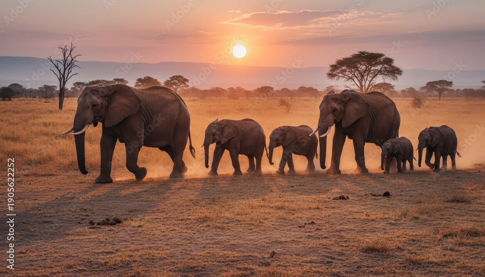 Fototapeta premium Herd of elephants walks across savannah at sunset, creating serene and majestic scene. warm glow of sun casts long shadows, highlighting elephants graceful movements and vastness of landscape