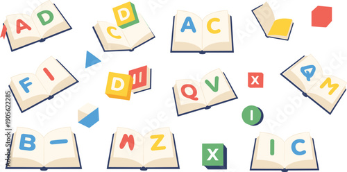 Alphabet Learning and Education Illustration Set with Open Books, Letters, Reading Symbols, Early Childhood Education, and Creative Study Elements