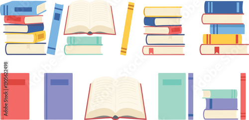 Books and Reading Illustration Set with Open Books, Stacked Textbooks, Library Resources, Study Materials, Education Concepts, and Colorful Learning Elements