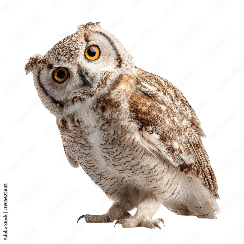 Obraz premium PNG of A captivating owl with striking orange eyes and detailed feathers, showcasing its unique features.