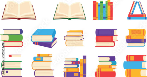 Books and Reading Illustration Set with Open Books, Stacked Volumes, Literature Collections, Education Resources, Library Concepts, and Colorful Study Elements