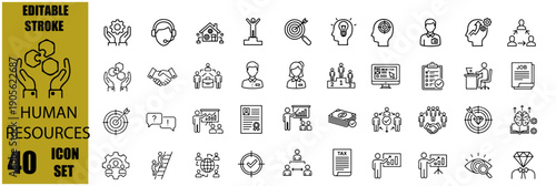 Human Resources Line Icons Set for HR Management and Corporate Operations – Recruitment, Employee Management, Training, Teamwork and Contract Management Editable Stroke Outline Vector Symbols for Busi