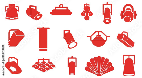 Collection of red spotlights and stage lighting icons, perfect for event production, theater, concert, and performance design projects, capturing the essence of illuminated spaces and visual effects
