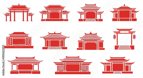 Collection of traditional Chinese architectural gate designs and archways, showcasing intricate details and classic red and white color schemes in a stylized graphic illustration