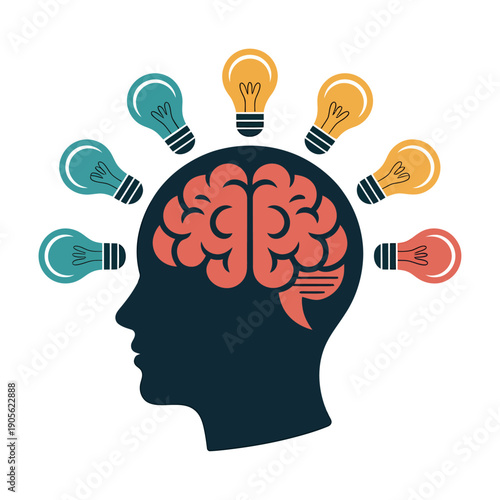 colorful vector illustration of human head silhouette with brain and glowing light bulbs symbolizing ideas creativity innovation thinking process and problem solving