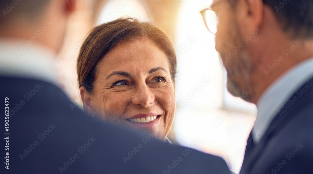 Obraz premium A businesswoman looks attentively to her colleagues while discussing important matters in office.