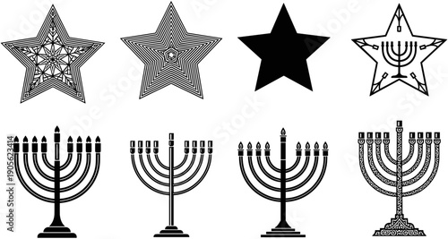 Hanukkah holiday vector set featuring traditional nine branched menorah candelabras and decorative star of David symbols for Jewish festival celebration.