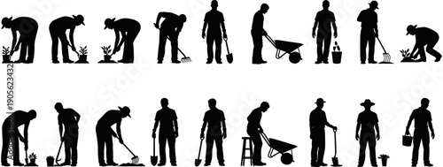 Silhouette vector set of male and female farmers, gardeners, and laborers performing various agricultural tasks like planting, digging, and pushing wheelbarrows.