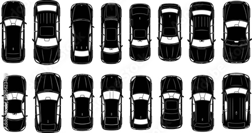 Top view black silhouette vector collection of various modern cars, sedans, SUVs, and luxury vehicles for city traffic or parking lot design.