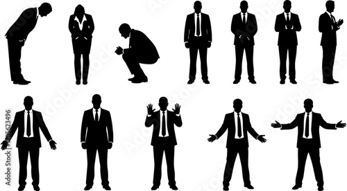 Silhouette vector set of professional businessmen and businesswomen in formal suits performing various gestures like bowing, praying, and welcoming with open arms.