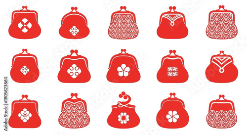 Collection of assorted red and white coin purses with diverse traditional patterns, showcasing unique Japanese designs and geometric motifs for versatile accessories