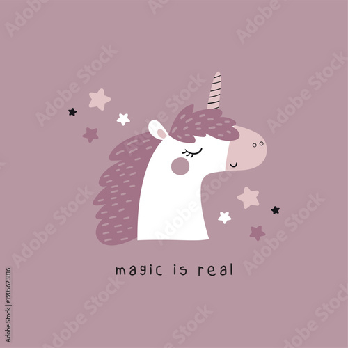 pretty unicorn head drawing as vector for kids fashion tee print