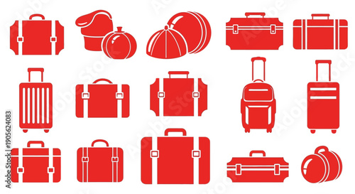 Collection of red suitcase and luggage icons representing travel and transportation, perfect for tourism and business trip-related designs