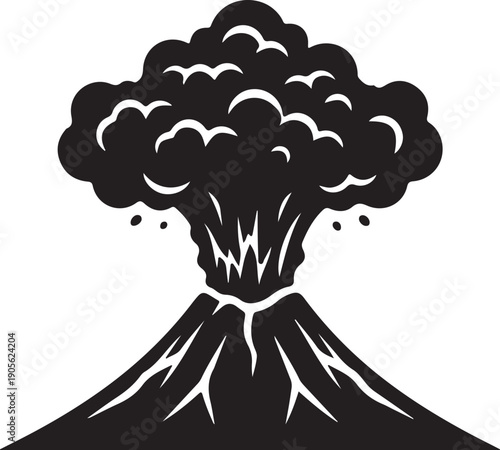 black silhouette of a volcano erupting with smoke and ash vector illustration
