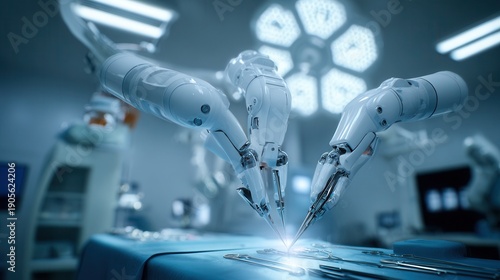 robotic surgical arms performing a high-precision medical procedure in a modern operating room, advanced technology and sterile environment