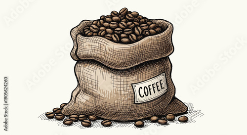 Burlap sack holds roasted coffee beans.