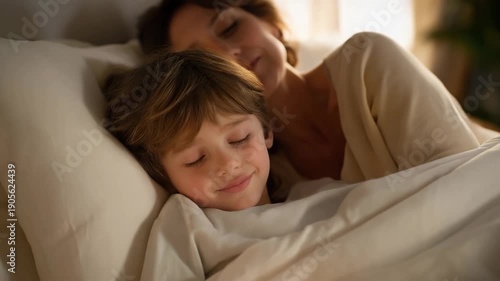 A parent using a gentle bedtime timer in a child’s softly lit room, soothing music fading out as the countdown ends and the child drifts into sleep — family nighttime routine, digital parenting