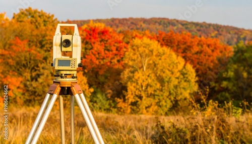 A surveying instrument on a tripod stands in a field, set against vibrant autumn foliage and a hillside