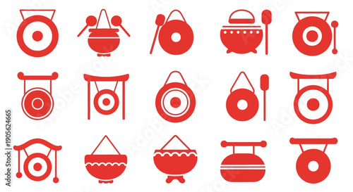 A Collection of Red Gong Icons, Showcasing Traditional Musical Instruments with Diverse Shapes and Sizes, Perfect for Cultural and Musical Themed Designs