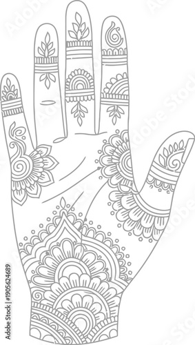 Henna design covers an open human palm outline.