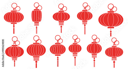 Collection of Chinese Red Lanterns in Various Styles and Sizes, Symbolizing Good Fortune and Celebration for Festive Occasions and Traditional Decor