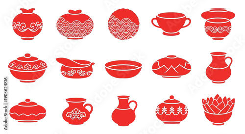 Red ceramic vases and pots collection, diverse decorative containers with traditional Asian patterns and artistic motifs, suitable for interior design and cultural showcases