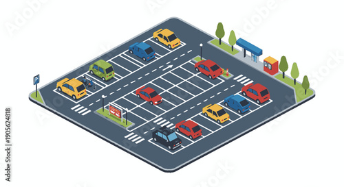 Isometric Parking Lot with Colored Vehicles.