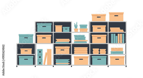 Office Storage Shelves with Boxes and Books.