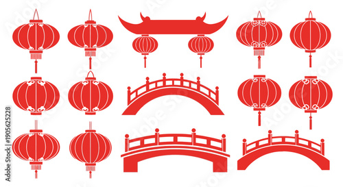 Traditional Chinese Lanterns and Bridges Collection for Asian Festivals and Celebrations, Ideal for Cultural Decor and Festive Events