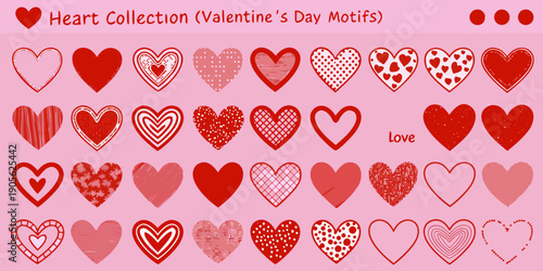 Assorted collection of red and pink heart shapes on a pink background
