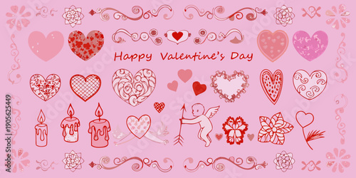 A collection of hand drawn valentine s day hearts candles and cupid imagery