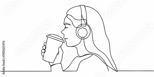 A continuous line drawing depicts a woman drinking coffee with headphones