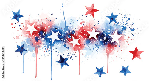 Watercolor patriotic stars with red, white and blue paint splatters, for banner or poster, Isolated on transparent background, png