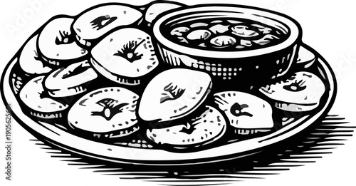 Vintage Engraved Banana Chips Plate with Dip Illustration Black White Retro Snack Art