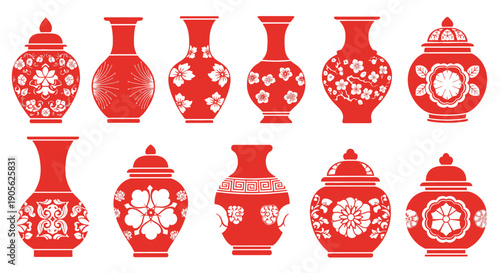 Set of ten traditional Chinese red vases adorned with intricate white floral and geometric patterns, showcasing classic ceramic artistry and cultural heritage