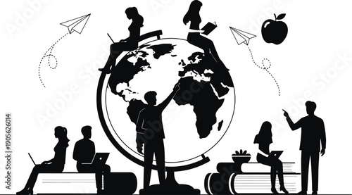 Diverse group of people interacting with a giant globe and technology