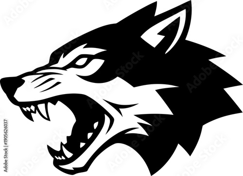 Fierce wolf head growling with open mouth and exposed fangs. Aggressive mammal mascot concept. Black and white vector illustration for sport emblem design