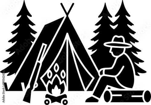 Hunter man sitting near campfire next to tent and trees. Camping, outdoor activity, and wilderness concept. Vector illustration for icon, sign