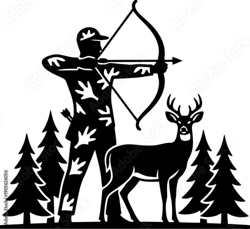 Camouflaged man hunting deer with bow and arrow among pine trees. Outdoor recreation and sport concept. Vector illustration for emblem