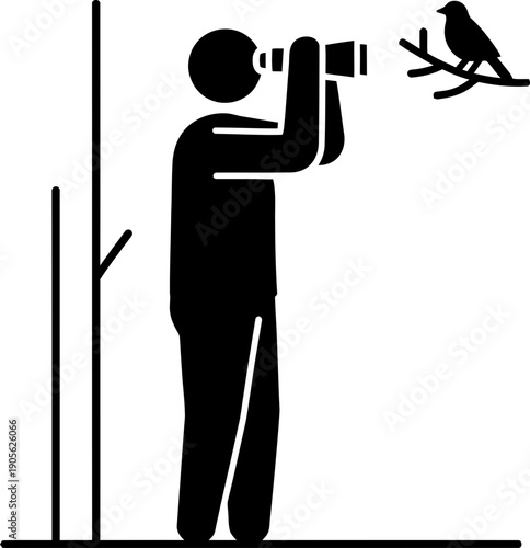 Man birdwatcher with binocular looking at bird on tree branch. Bird watching hobby and nature study concept. Flat vector icon