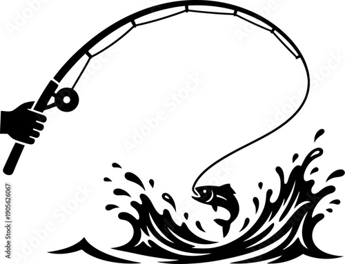 Hand holding a fishing rod with fish jumping out of water with splash. Fishing sport hobby or recreational activity concept. Vector illustration