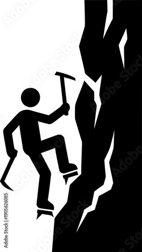 Man climbing on rock with ice axe. Adventure, sport and outdoor activity concept. Climbing icon. Vector symbol for extreme sport