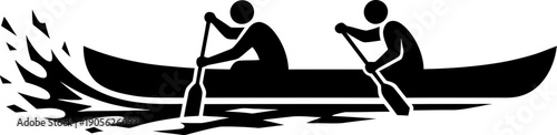 Two men on a canoe paddling on water with a splash trail. Outdoors activity and team sport concept. Vector icon for logo, pictogram