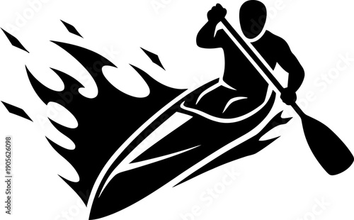 Man kayaking or canoeing with paddle, making a splash or flame. Vector illustration for sports, competition, or outdoor activity design