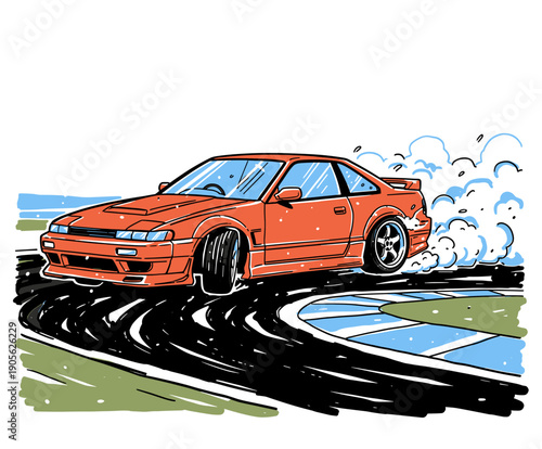 Extreme JDM Drift Car Vector Illustration on Race Track Corner, Aggressive Japanese Street Tuner Graphic for T-shirt Print and Poster Design, Burnout Concept