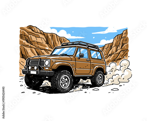 Extreme Vintage 4x4 Off-Road Adventure Vector Art. Legend SUV driving fast in desert canyon for t-shirt print design or merchandise emblem.