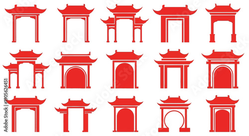 Collection of various traditional Chinese architectural gates and archways in red and white, symbolizing entry and cultural heritage for decorative or illustrative purposes