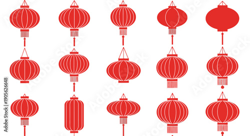A vibrant collection of traditional Chinese red lanterns, elegantly suspended and showcasing intricate patterns, perfect for festive celebrations and cultural décor